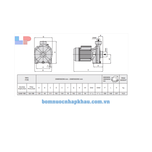 Kích thước máy bơm Gam100